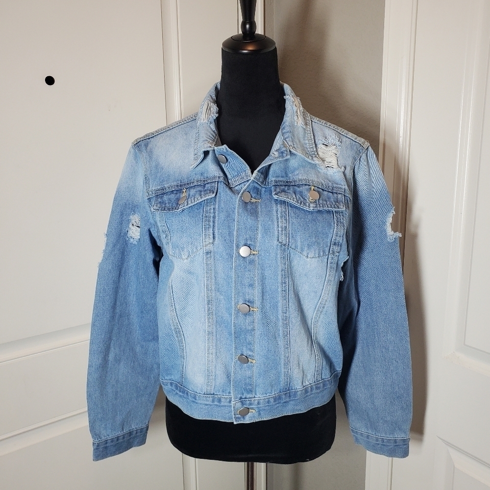NWT SHEIN SXY Medium Wash Jean Jacket Distressed Denim Women's Size 8/10 US